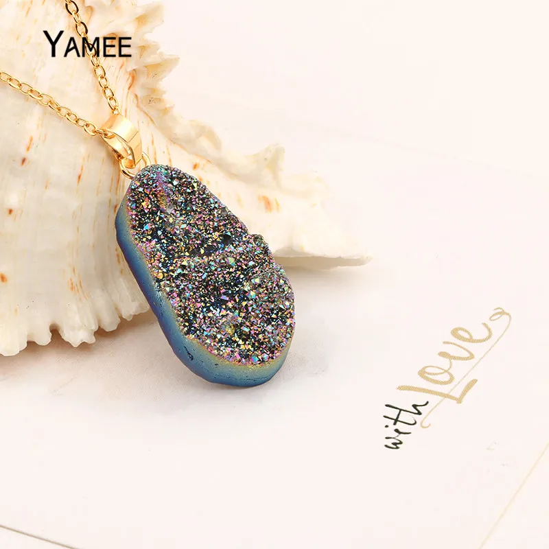 Yamee Irregular Crystal Pendant Necklaces big Druzy Natural Stone Gold Plating Chain Long For Women | Украшения и аксессуары