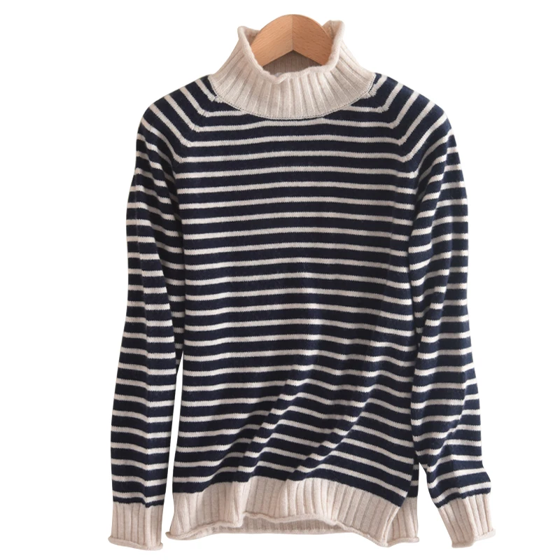 Женский шерстяной свитер в полоску теплый кашемировый с высоким воротником