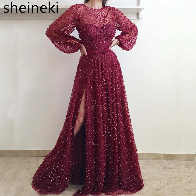 

2019 Pearls Beaded Slit Long Prom Dresses Illusion Burgundy Puff Sleeve Evening Gowns Custom Make Party Dresses Vestidos De Gala