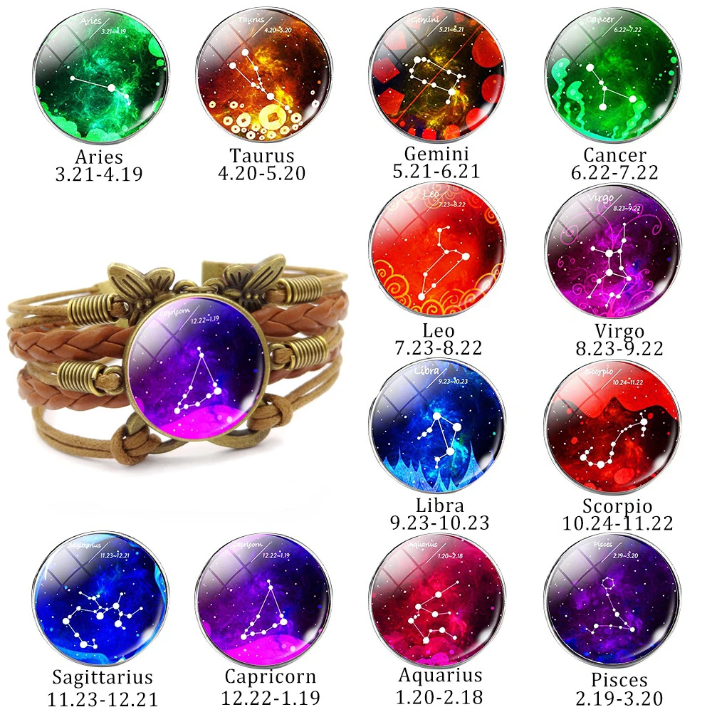 

12 Zodiac Signs Vintage Braided Rope Bracelet Leo Virgo Libra Scorpio Sagittarius Constellation Jewelry Birthday Gift