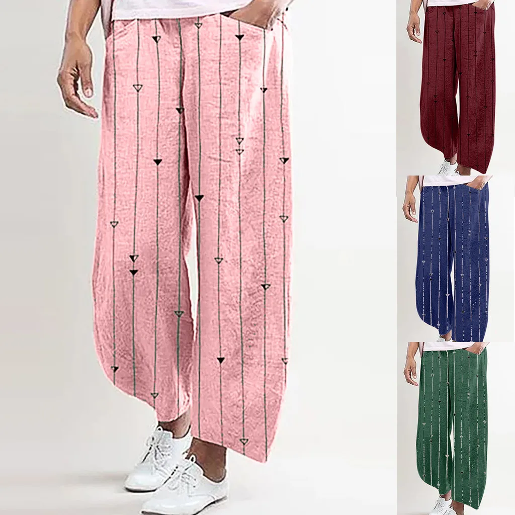 Женские повседневные широкие брюки в полоску с принтом и карманами штаны для