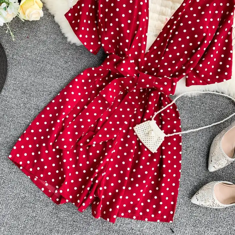 Boho, глубокий v-образный вырез, винтажный, в горошек, сексуальный, летний, бандажный, короткий комбинезон, Повседневный, с открытой спиной, для женщин, пляжный, праздничный галстук, комбинезон