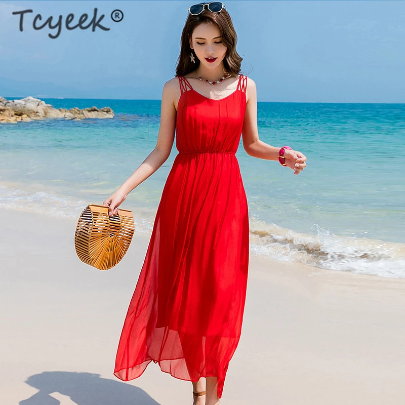

Tcyeek Summer Dress Boho White Real Silk Dresses Women Clothes 2020 Korean V Neck Sleeveless Maxi Dress Ladies Fit Vestidos 8033