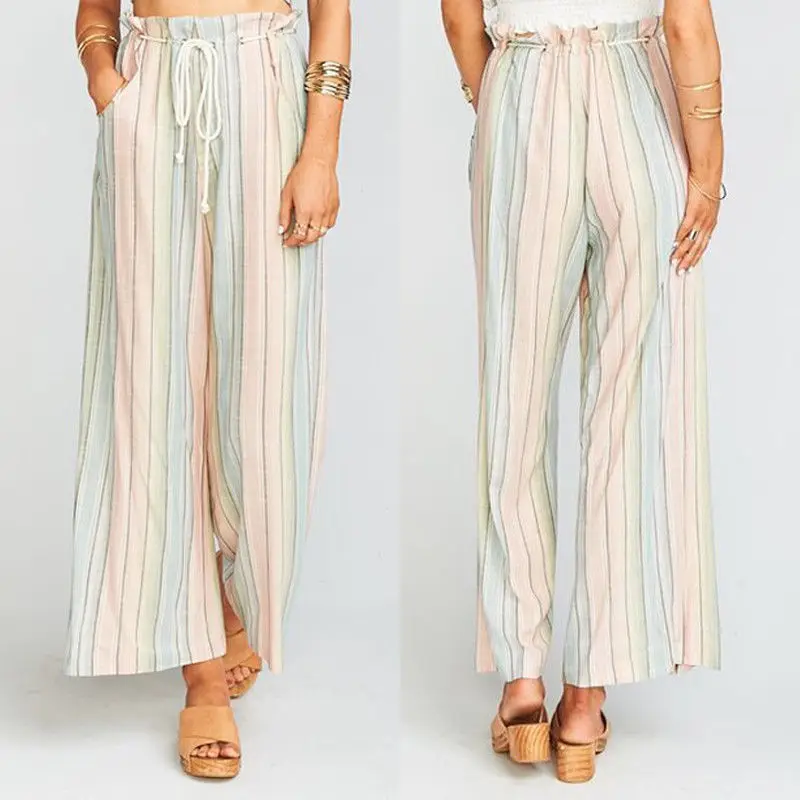 

Women's Palazzo Flare Wide Leg Trousers Casual High Waist Bandage Striped Long Pants Trousers