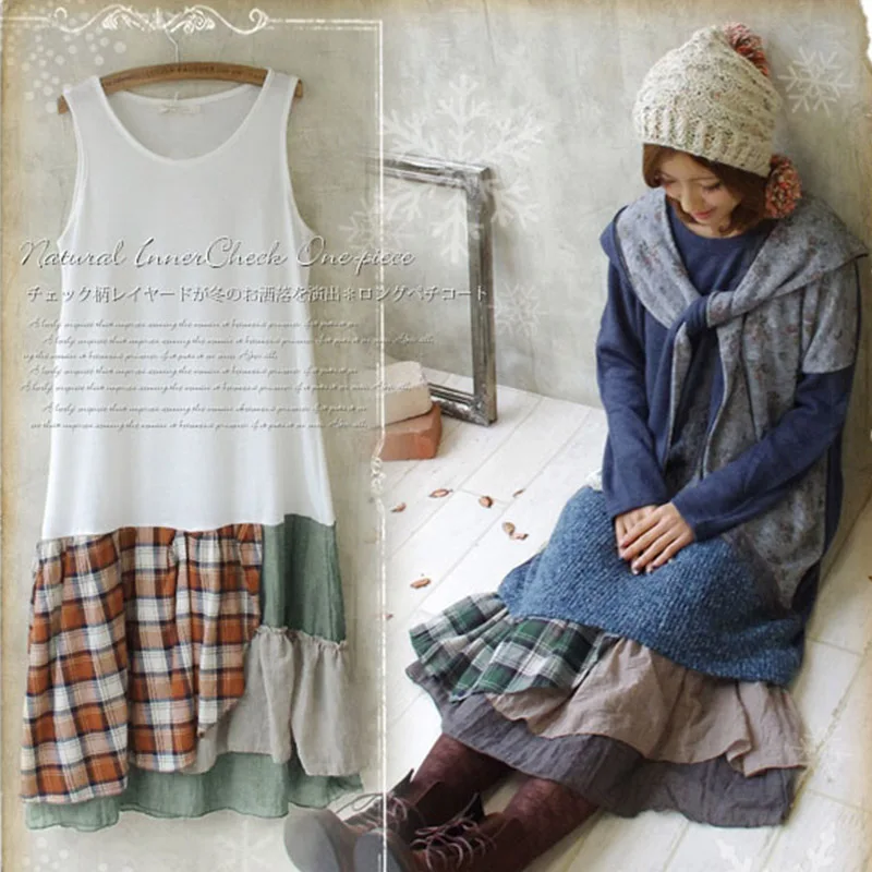 Японское женское милое лоскутное винтажное платье в клетку свободное базовое