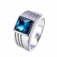 clearance fashion stainless steel rings for men women blue crystal cubic zirconia ring squre stone male ring engament