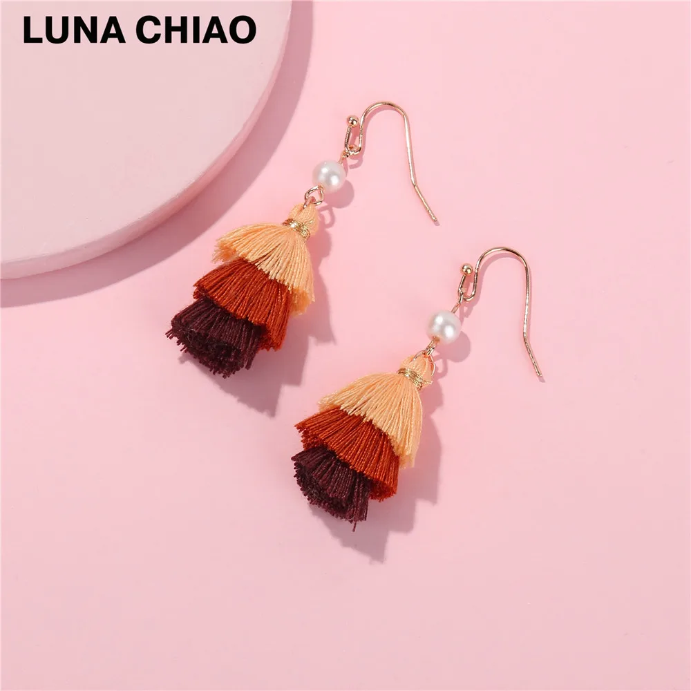 Женские мини серьги LUNA CHIAO разноцветные Многослойные хлопковые с кисточками и