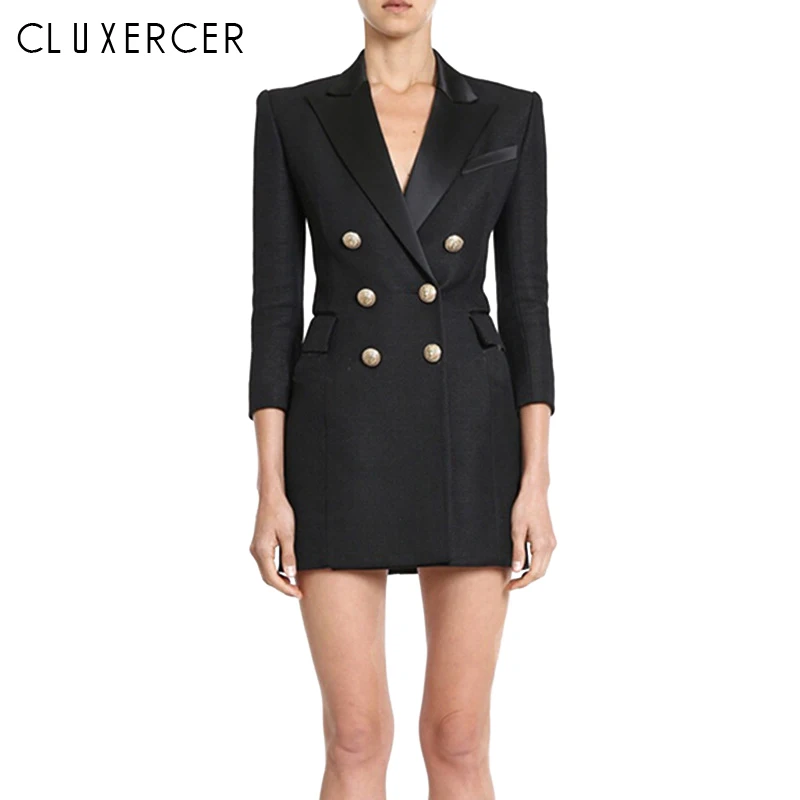 Черное пикантное женское платье-Блейзер Осеннее двубортное элегантное платье