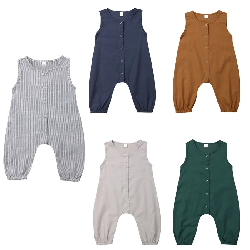 Однотонный хлопковый комбинезон для новорожденных без рукавов на возраст 0-24