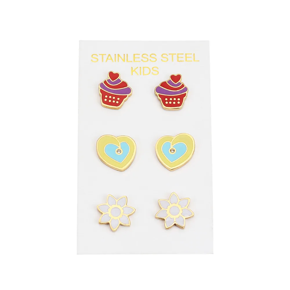 8Seasons Stainless Steel Ear Post Stud Earrings Gold Color Multicolor Cake Heart Enamel Fashion 1 Set ( 3 Pairs/Set) | Украшения и