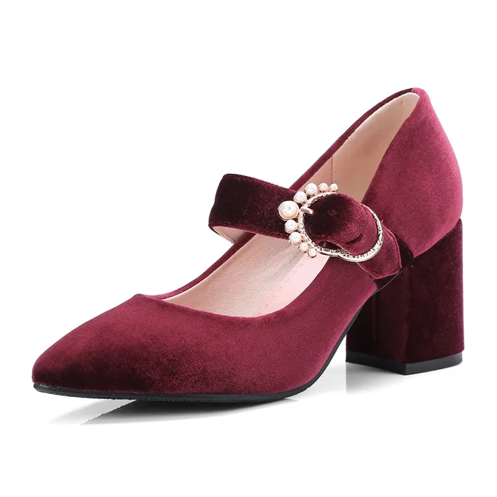 Wine Red Meotina/туфли Mary Jane; женские Вечерние туфли на высоком квадратном каблуке с пряжкой; модные туфли-лодочки с острым носком; женские зеленые туфли; большой размер 43 - Color: Wine Red
