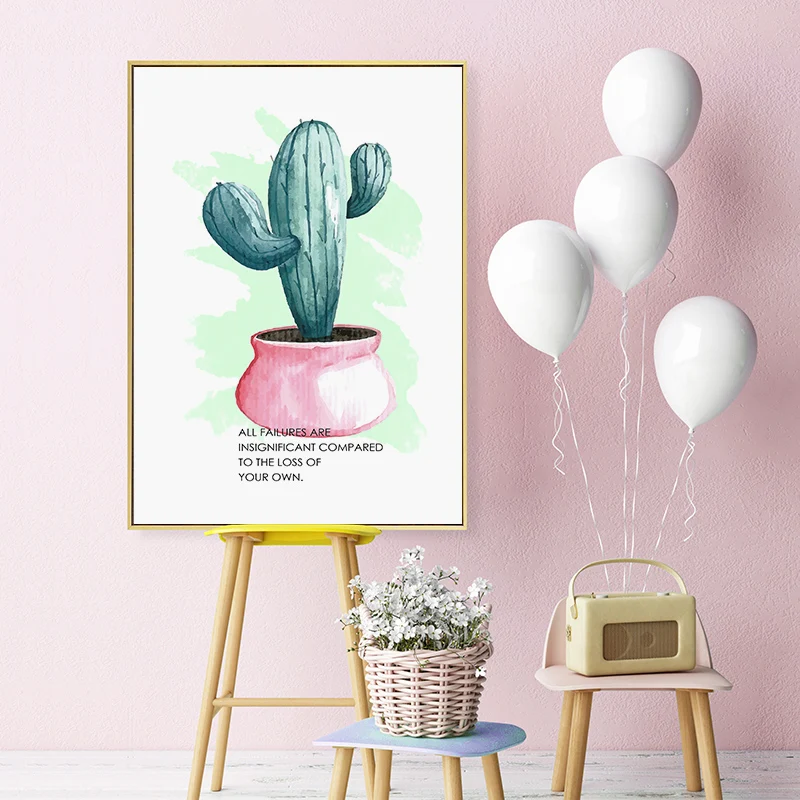 Nordic Watercolour Pink Plant Print Green cactus Art Canvas Painting Life Quotes Wall Poster Minimalist Picture for Living Room | Дом и сад