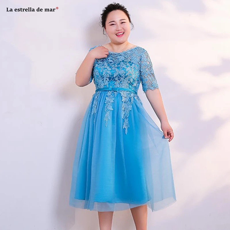 Большие размеры vestidos de madrinha, новинка, из кружева, с вырезом на шее, с коротким рукавом, трапециевидной формы, бирюзового, синего, румяна, розового цвета, свадебное платье для гостей, длина чая