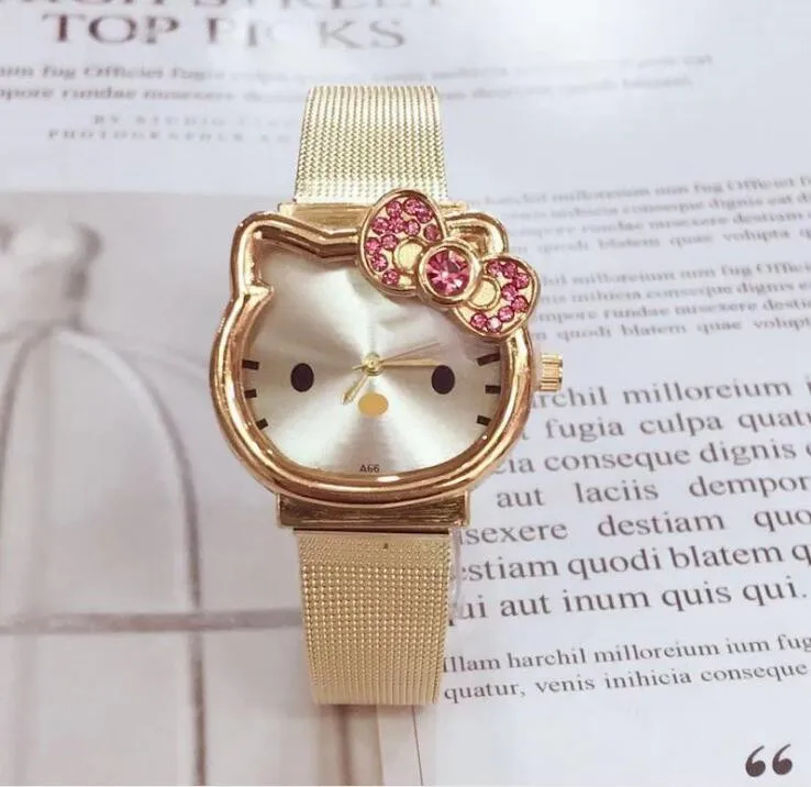 Hello Kitty Head Drill Детские Мультяшные часы со стальным ремешком милые Мультяшные часы для девочек - Color: Gold
