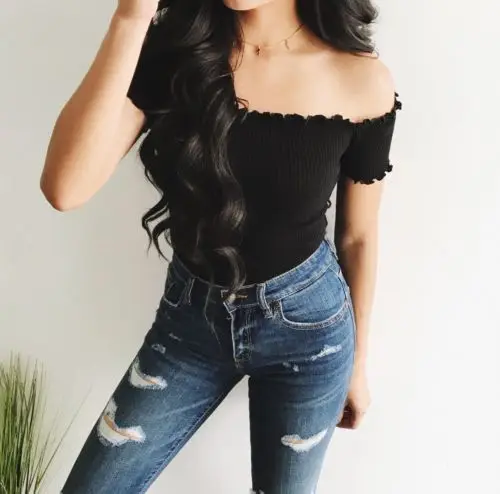 Весенняя Новинка 2017 укороченный топ с открытыми плечами футболки Лидер продаж