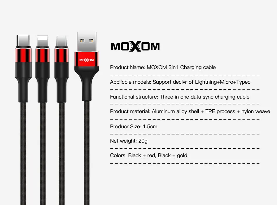 MOXOM 3 в 1 usb type C Micro USB кабель type-c для iPhone кабель зарядного устройства 120 см 3A кабель быстрой зарядки USB C
