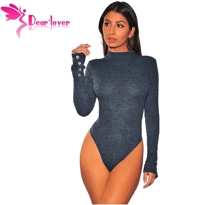 Dear Lover с длинным рукавом кнопкой Mock Neck Bodycon сексуальное боди Черный 2019