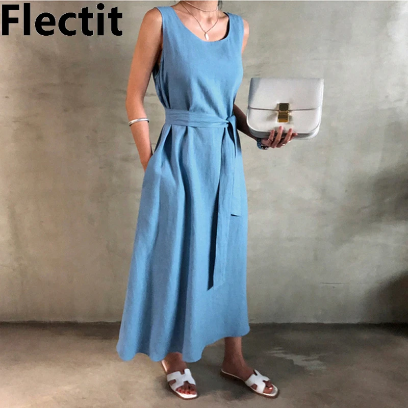 Женское платье макси без рукавов Flectit белое/синее льняное длинное с поясом летнее