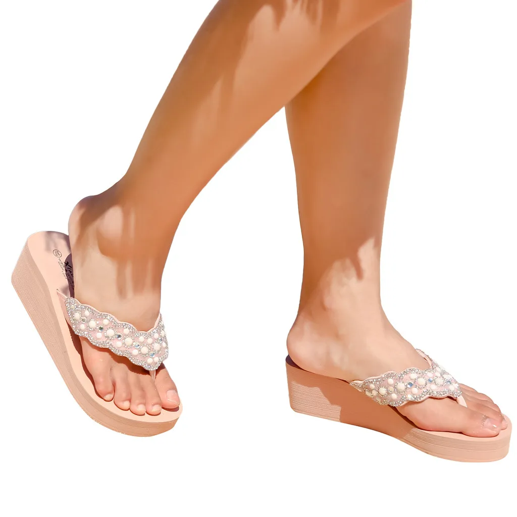 Модные шлепанцы SAGACE стразы на танкетке Женская Повседневная пляжная обувь