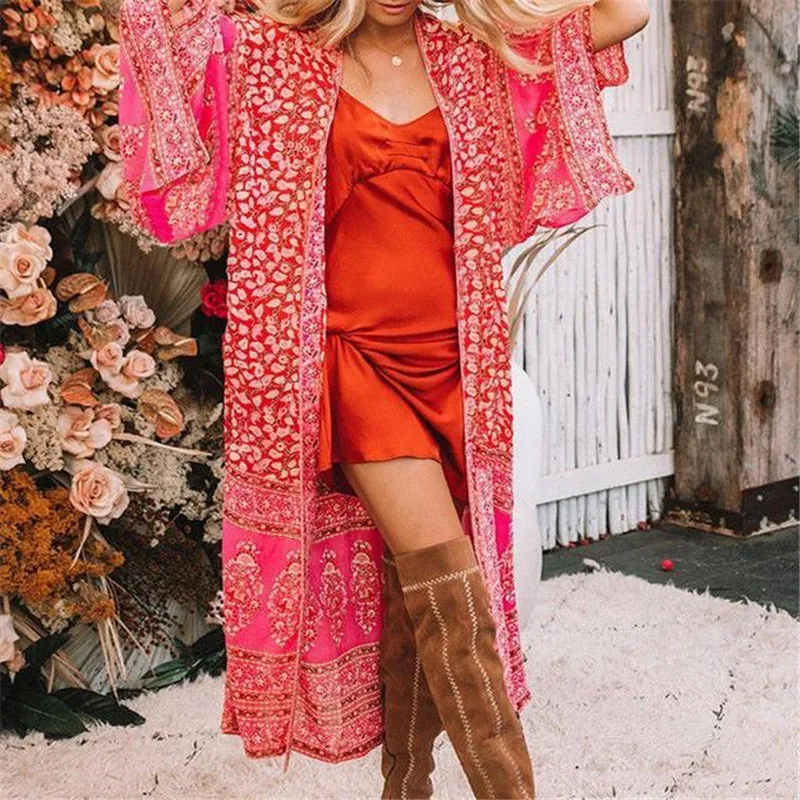 Женский винтажный кардиган с цветочным принтом свободная накидка кимоно Красный