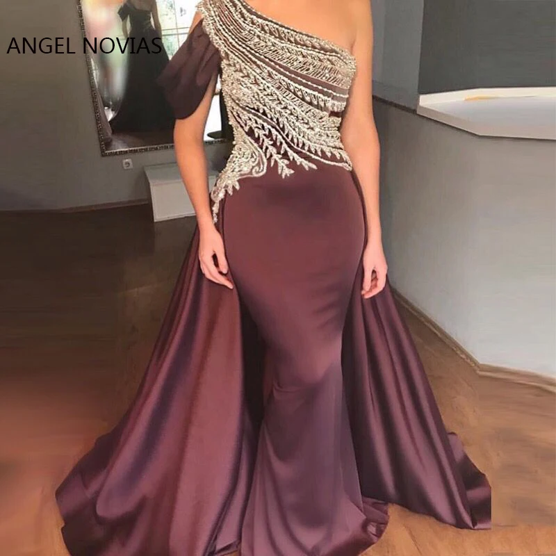 Женское длинное атласное платье ANGEL NOVIAS фиолетовое вечернее с блестками в