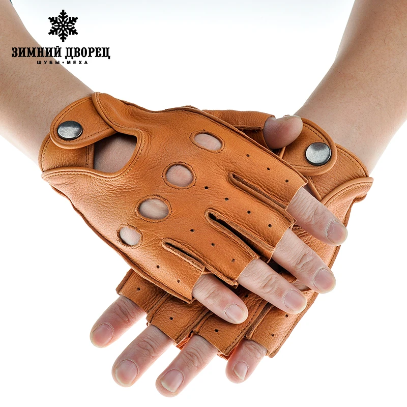 Мода кожаные перчатки мужчин без пальцев черный овчины мужские Панк стиль Полую