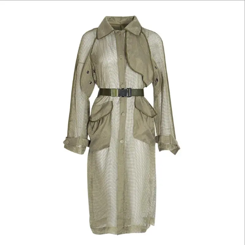 Spring Autumn Army Green Military Safari Style Solid Women's Wind-breaker Lapel Full Single Breasted Sashes Women's Coat - Цвет: Армейский зеленый
