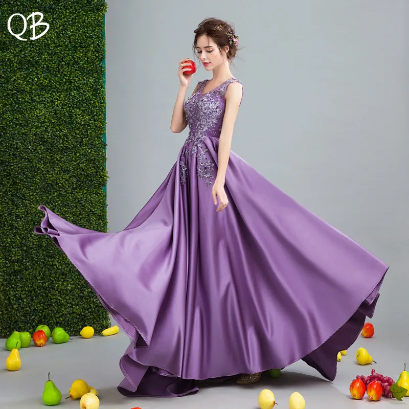 Атласное кружевное длинное официальное фиолетовое вечернее платье трапеция с