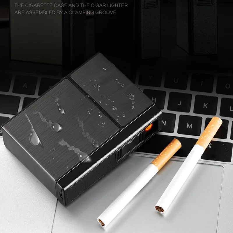 

USB Rechargeable Smoking Cigarettes Box Portable Aluminum Alloy Cigarette Box With Lighters Windproof Holder Cigarette Storage