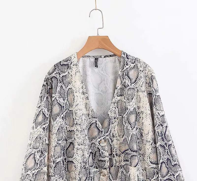 2018 women sexy V neck snake pattern dress elastic waist three quarter sleeve pleated buttons casual mini vestidos | Женская одежда