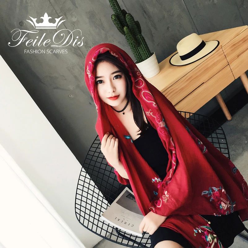 [FEILEDIS]2017 Модный женский мусульманский шарф с вышивкой длинная шаль из хлопка и
