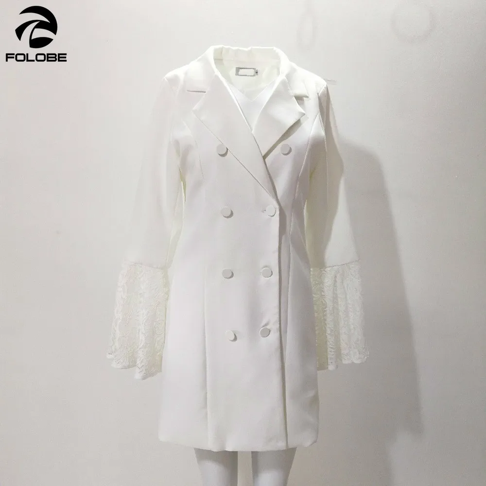 

FOLOBE Women Long Blazer Lace Trim Suit Black with Lace Patchwork Flare Sleeves Office Ladies Coat Double Button Blasers