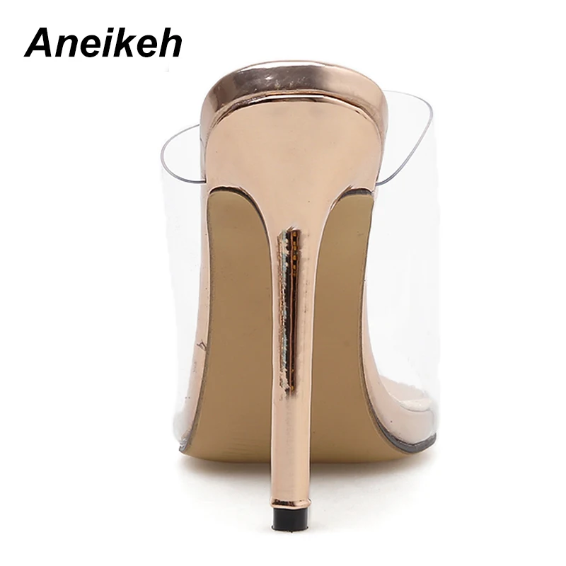Aneikeh Women PVC Sandals 2021 Fashion champagne High Heeled Mules Sexy Thin Heel Shoes Open Toe Slippers Pumps | Обувь