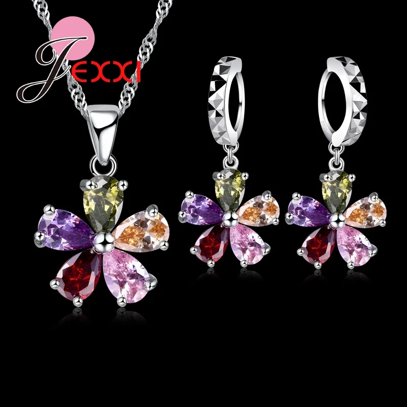 

Five Petaled Flowers Shinning Colorful CZ Crystal Pendant Jewelry Sets Gift 925 Sterling Necklace + Dangle/Hoop Earring Sets