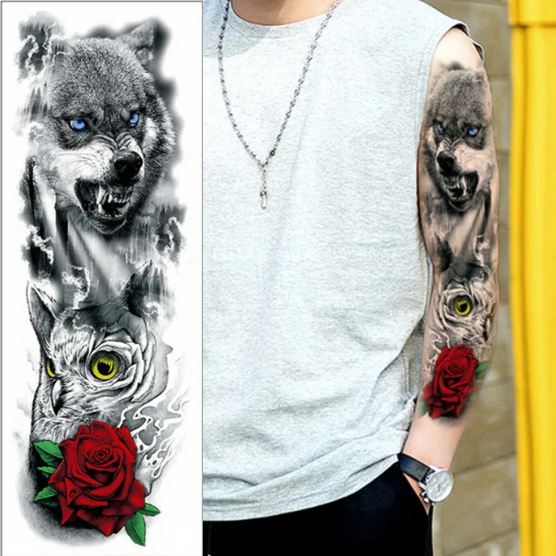 

men shoulder tattoos oversleeve waterproof temporary tattoos for men transfer tattoo arm long sleeve wolf tatoo fake body art