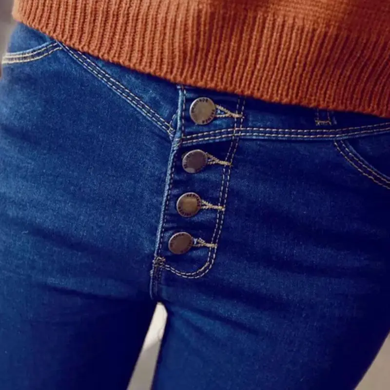 

Women Comfy High Waist Jeans Five Button Stretch Tight-fitting Cowboy Female Pants Solid Color Slim Long Curling Feet Trousers