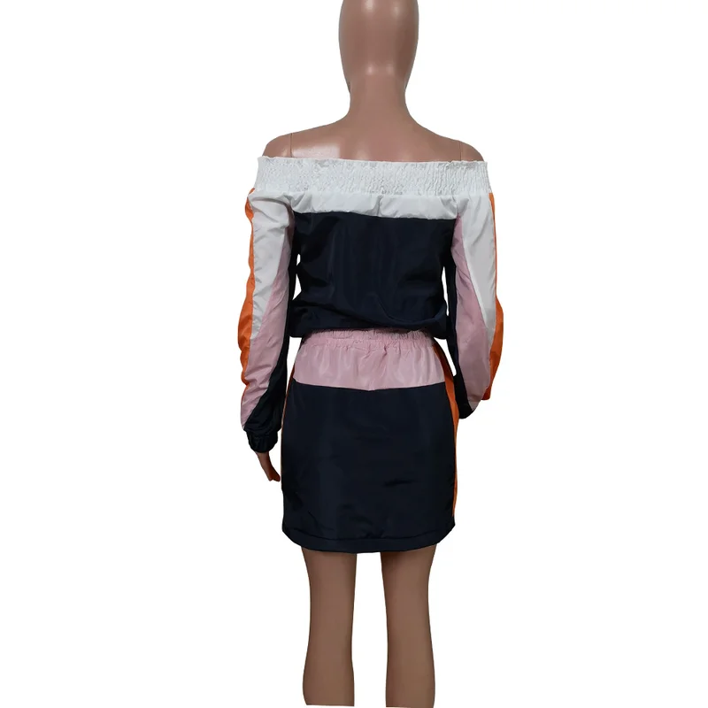 

HAOOHU Sexy 2 Piece Matching Sets Summer Clothes For Women Slash Neck Long Sleeve Crop Top And Bodycon Mini Skirt Tracksuits