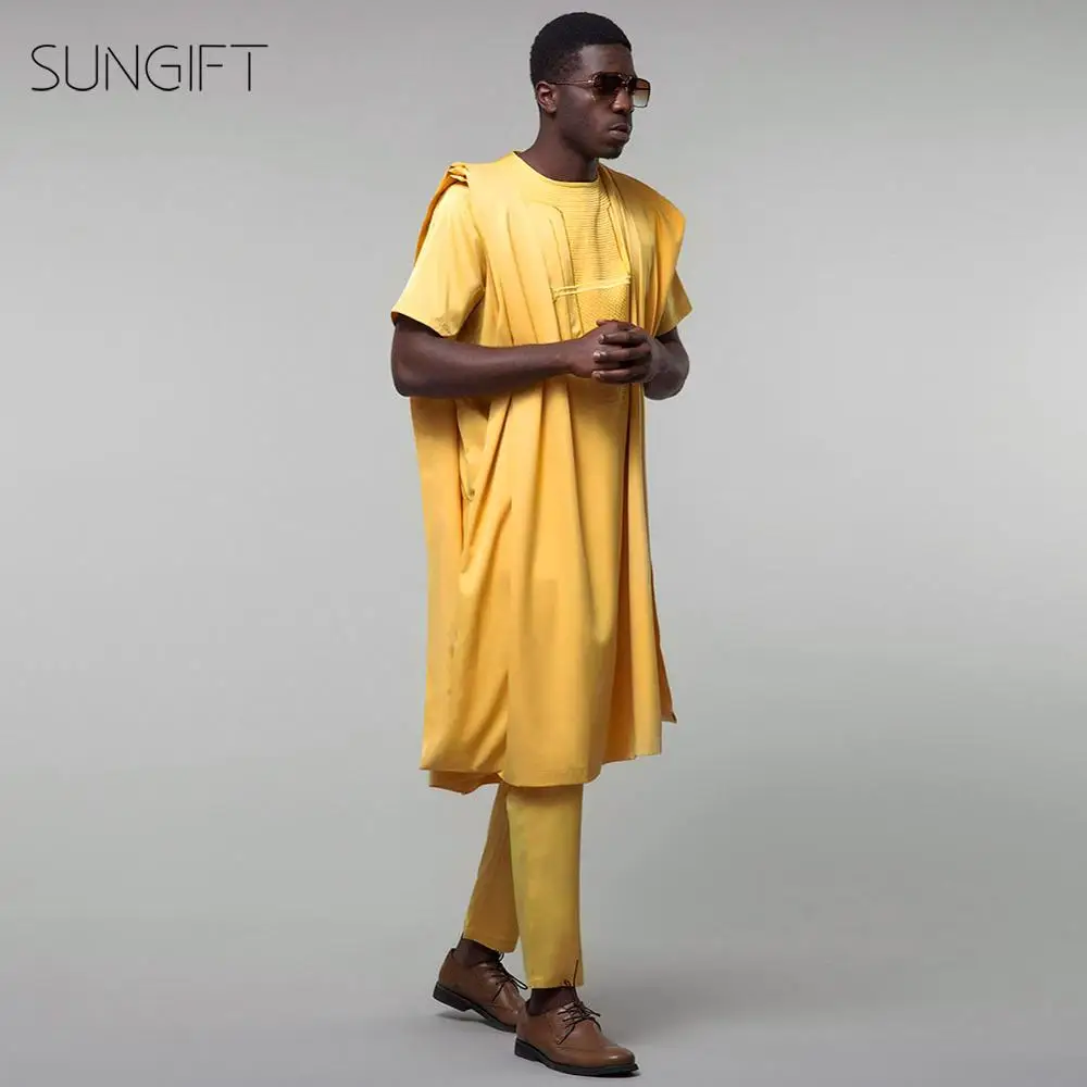 SUNGIFT Мужской Топ Agbada с коротким рукавом и брюки в африканском стиле желтая
