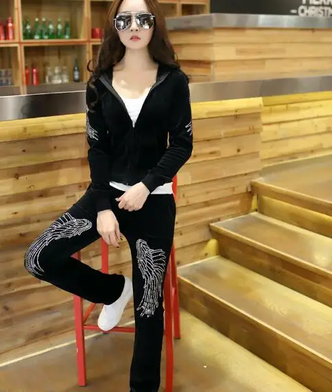 Осень Крылья Стразы для женщин досуг бархатная ткань без рукавов с капюшоном и брюки комплект из двух предметов шнековый костюм большой размер - Цвет: b
