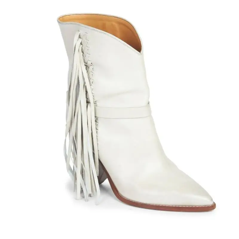 Chaussures femme; сезон осень-зима; ковбойские ботильоны с бахромой для женщин; обувь с бахромой на не сужающемся книзу массивном каблуке; Botines Mujer; модель года; обувь в байкерском стиле