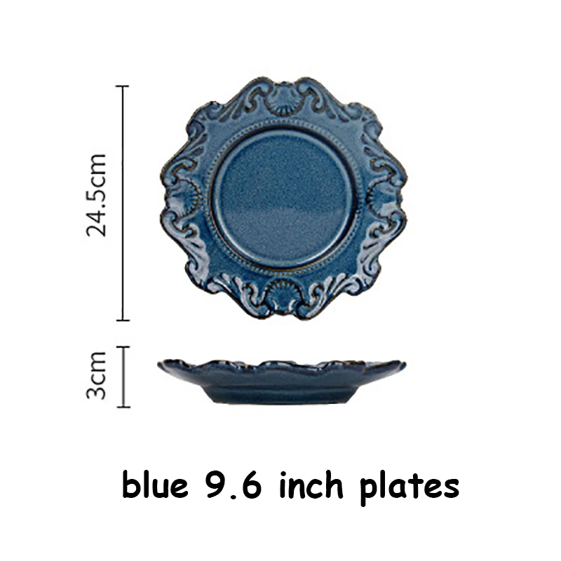 Blue-plate-9.6 Набор посуды в скандинавском дворцовом стиле, ретро столовые тарелки, миски для супа, керамическая тарелка для десерта, миска для лапши, столовые приборы, рождественский подарок - Цвет: Blue-plate-9.6