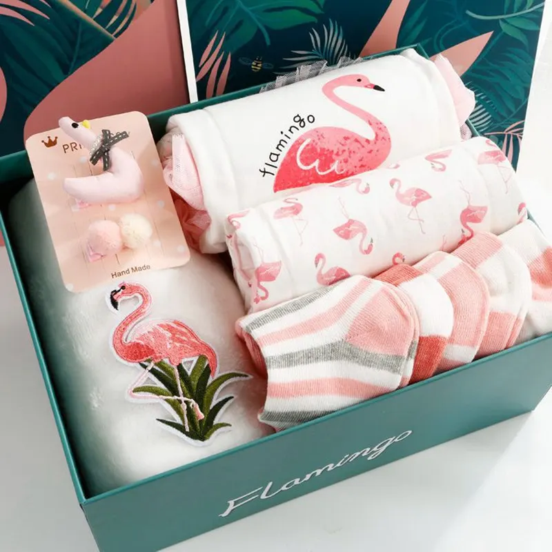 pink Детский хлопковый комплект с платьем принцессы с фламинго для девочек, Подарочная коробка, комплекты одежды для новорожденных девочек, сетчатые боди, комплект верхней одежды из 9 предметов - Цвет: pink