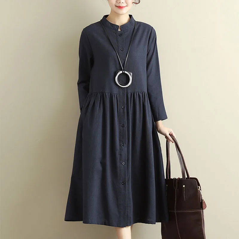 2019 Long Sleeve spring Autumn Dress Folk Style Women's Cotton Linen Turn-down Collar Casual Dresses Buttons Pockets aa886 | Женская