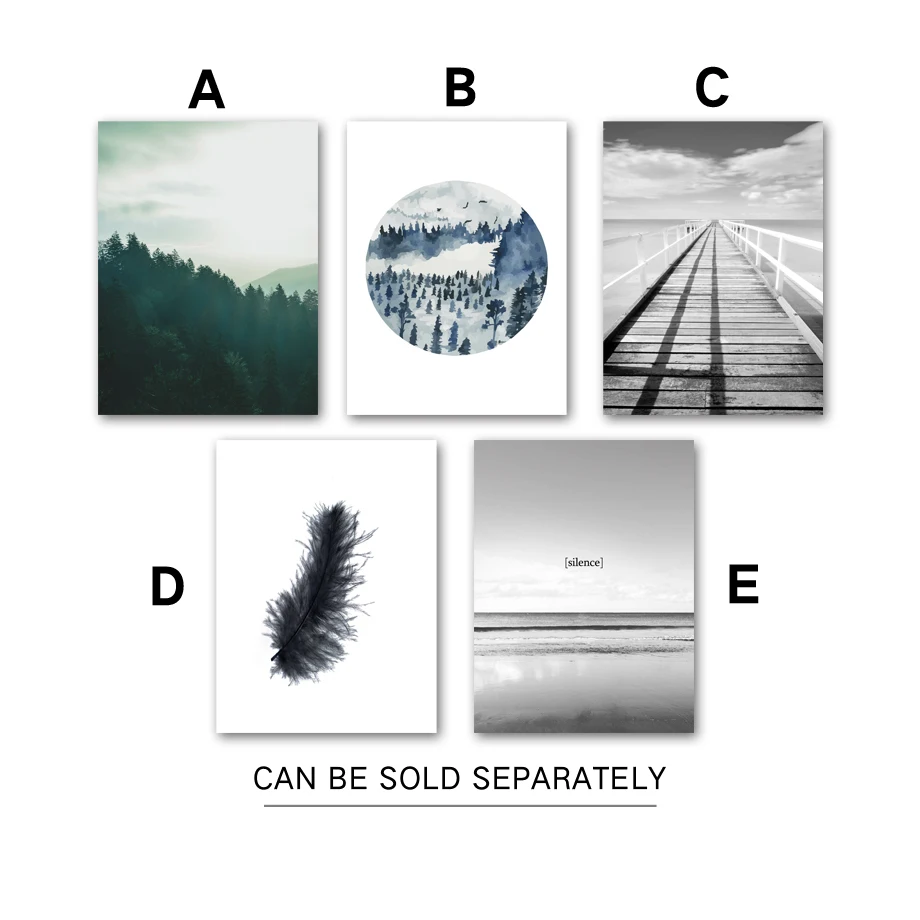 Зеленый лес черно белое перо океанская настенная живопись на холсте