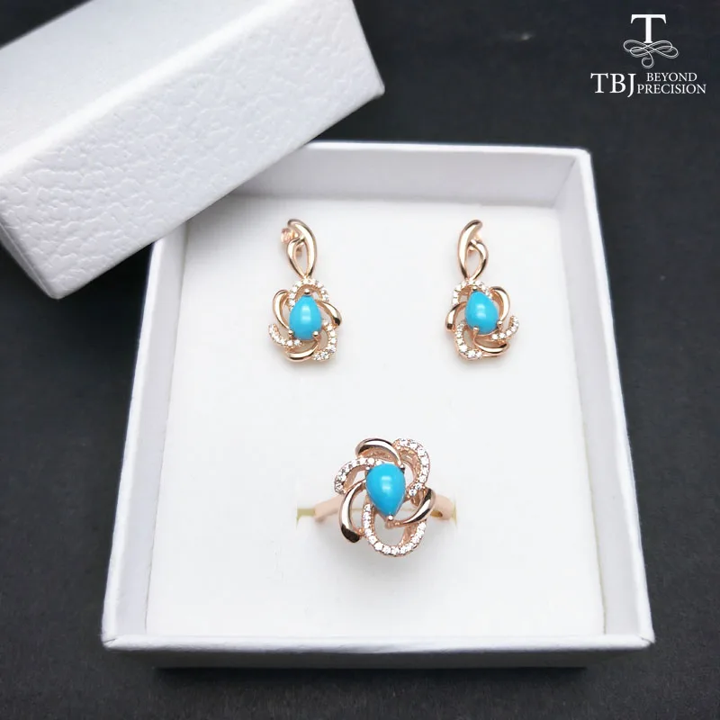 TBJ Elegant jewelry set with natural sleep beauty turquoise earring and ring in 925 sterling silver fine |