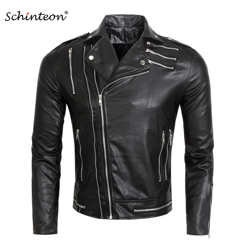 

Schinteon New Soft PU Men Leather Jacket Multi Zipper Black Male Motorcycle Biker Coat Outwear