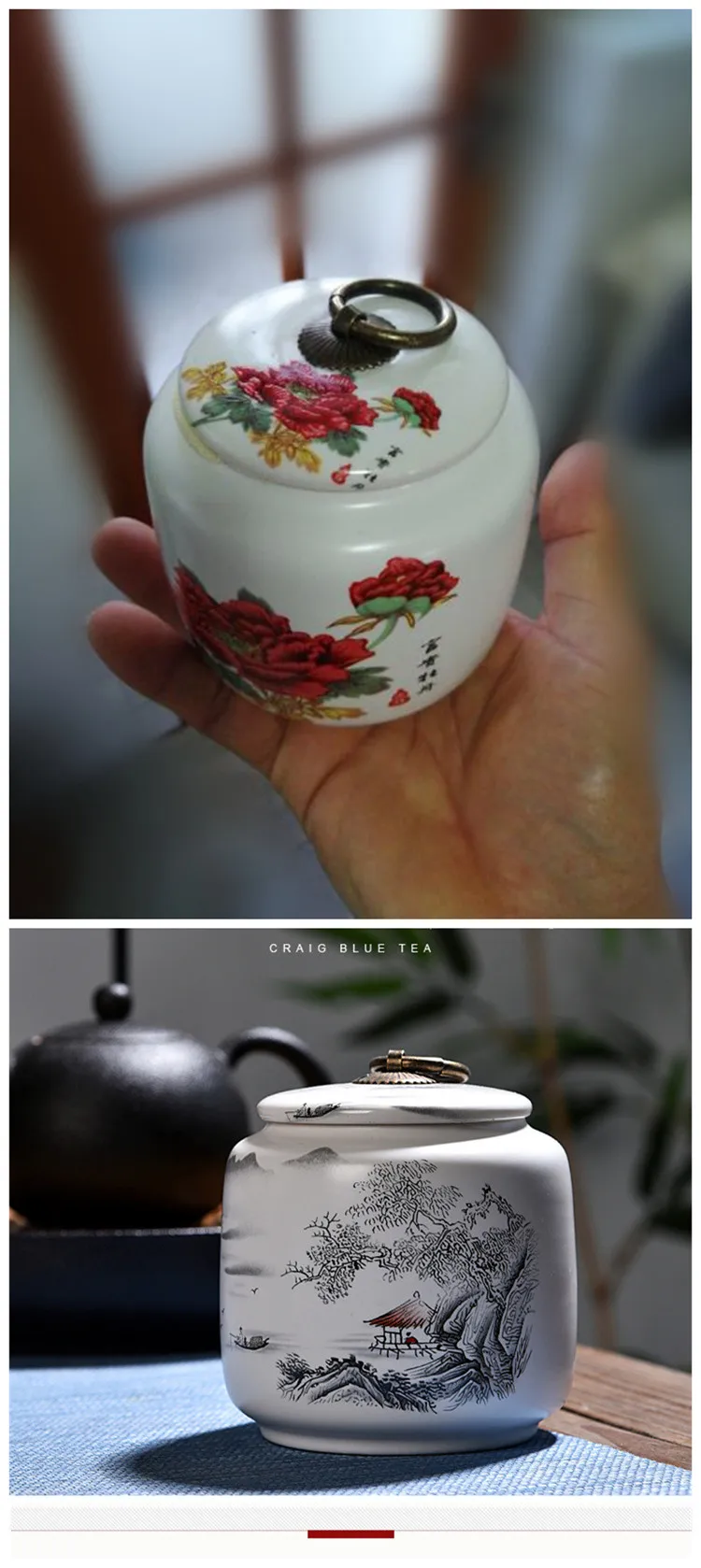 Peony Pattern Tea Coffee Sugar Storage Jars Spices Box For Kitchen White Porcelain Tea Box Small Kitchen Canister Seal Snack Can
