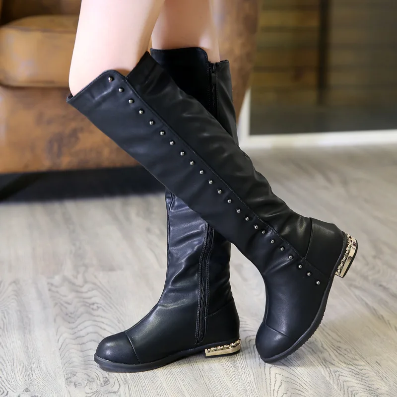 T779 black Модные детские зимние сапоги для девочек детская обувь новые осенние черные сапоги выше колена для девочек Теплые резиновые сапоги из искусственной кожи - Цвет: T779 black