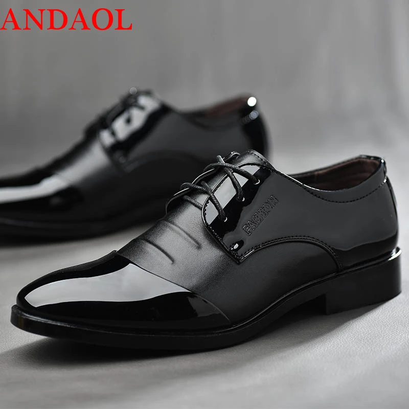 ANDAOL Men's Bright Leather Casual Shoes Top Quality Pointed Toe Business Office Luxury Lace-Up Wedding Dress Party | Обувь