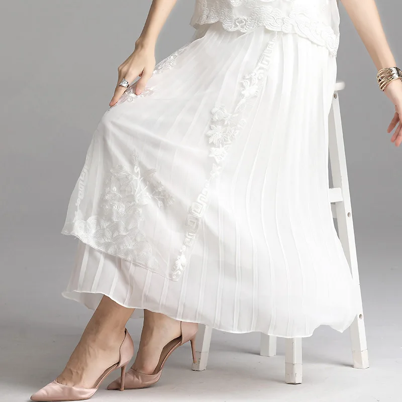 Белый Женская юбка в народном стиле, летняя шифоновая юбка в стиле ретро с вышитыми цветами, элегантная женская плиссированная юбка в китайском стиле, S-XXL - Цвет: Белый